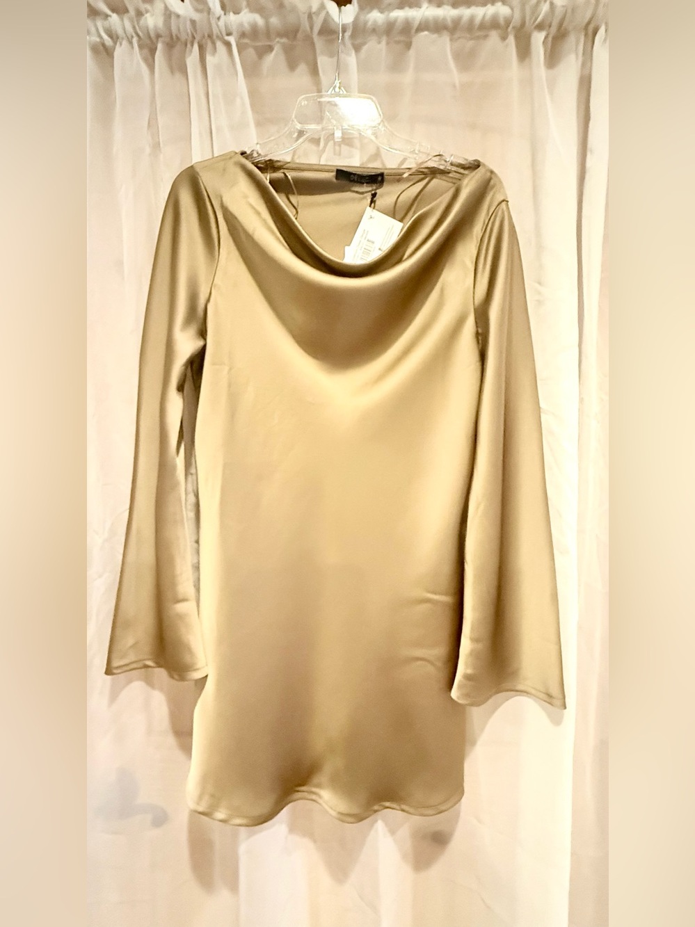 Andrew Marc Satin Cowl-Neck Long Sleeve Top - Taupe